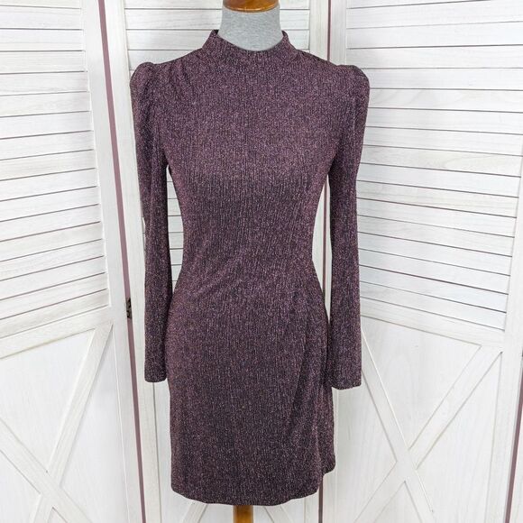 Greylin Jackie Metallic Knit Mock Neck Sheath Dress Purple Small Party Cocktail - Picture 2 of 16